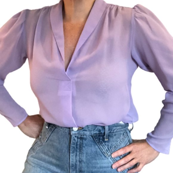 Vintage 80s Sheer Ethereal Lavender Puff Sleeve V-Neck See Through Tunic Blouse - Picture 11 of 13